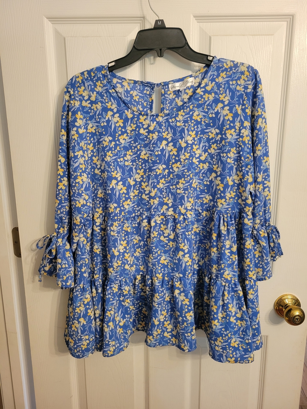Blue Floral Tie-Sleeve Tiered Peplum Tunic